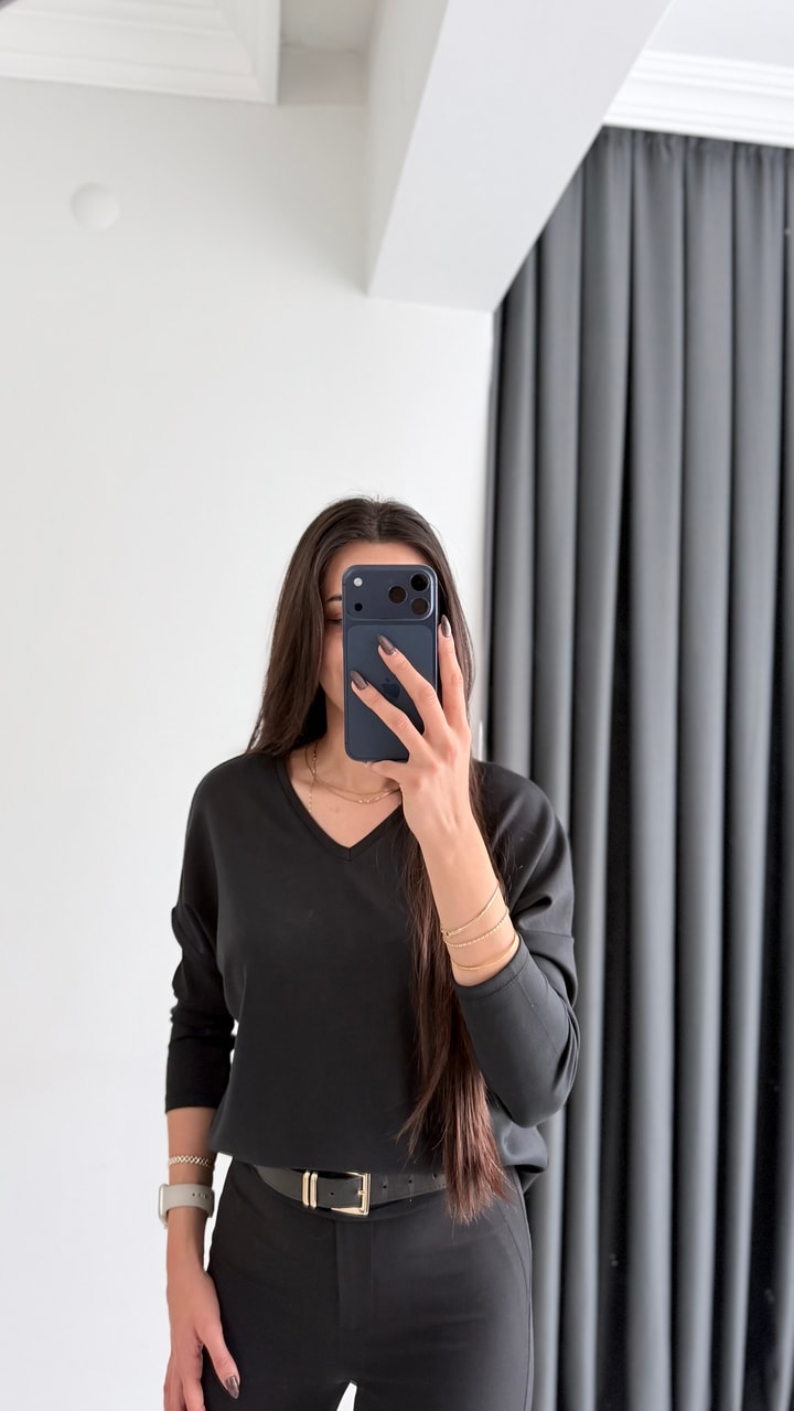 Break Oysh Modal Ön Arka V Yaka Likralı Bluz Siyah