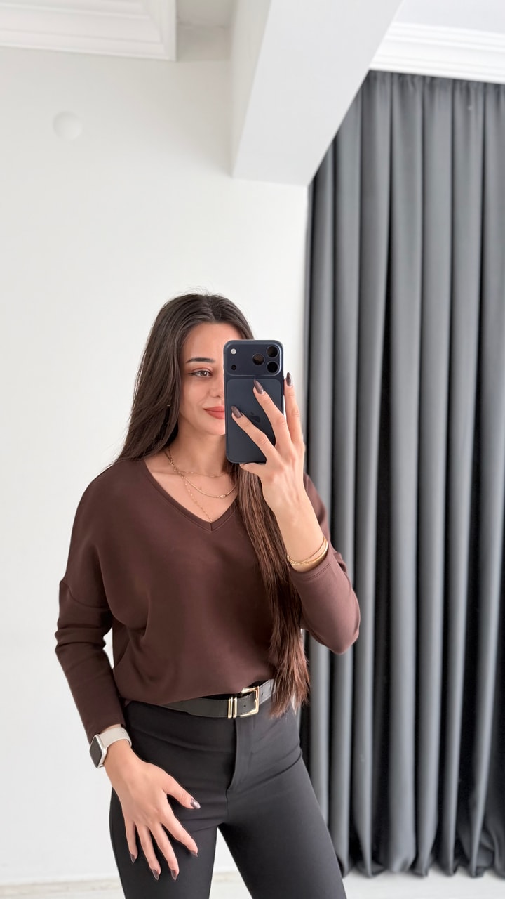 Break Oysh Modal Ön Arka V Yaka Likralı Bluz Kahve