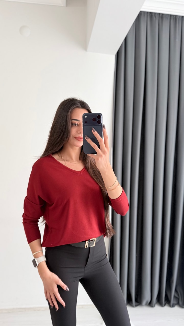 Break Oysh Modal Ön Arka V Yaka Likralı Bluz Bordo