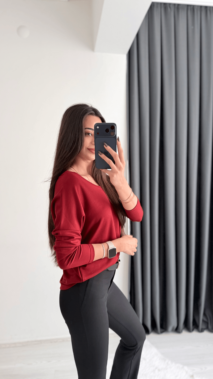 Break Oysh Modal Ön Arka V Yaka Likralı Bluz Bordo