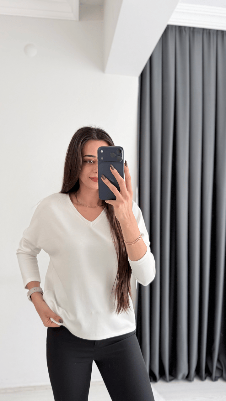 Break Oysh Modal Ön Arka V Yaka Likralı Bluz Beyaz