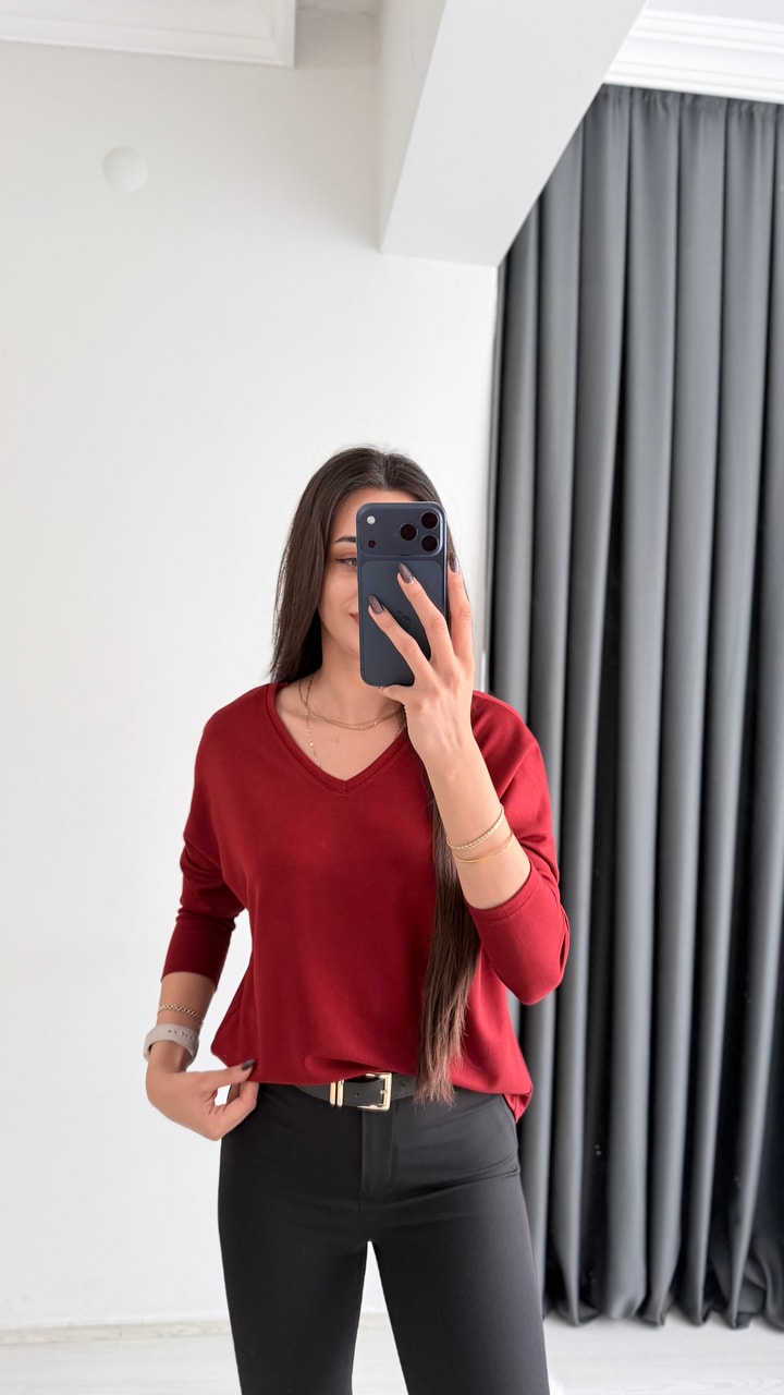 Break Oysh Modal Ön Arka V Yaka Likralı Bluz Bordo