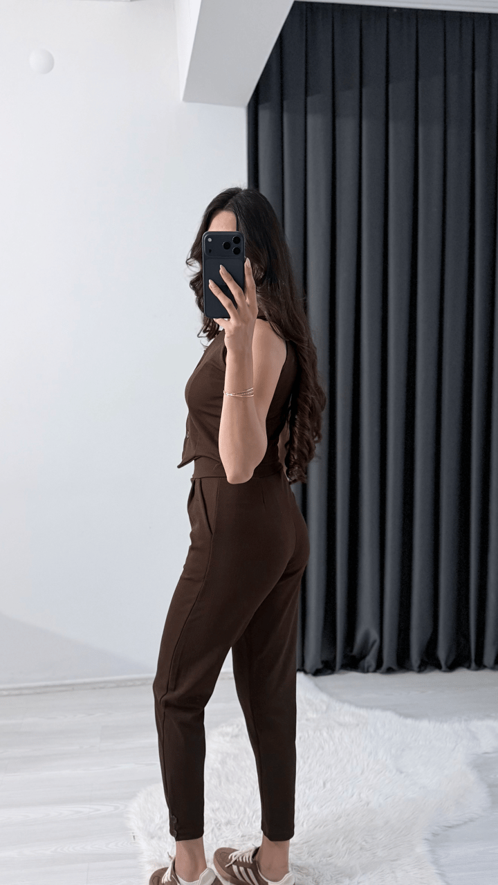 Bronde Likralı Pantalon Ve Yelek Kahve Takım