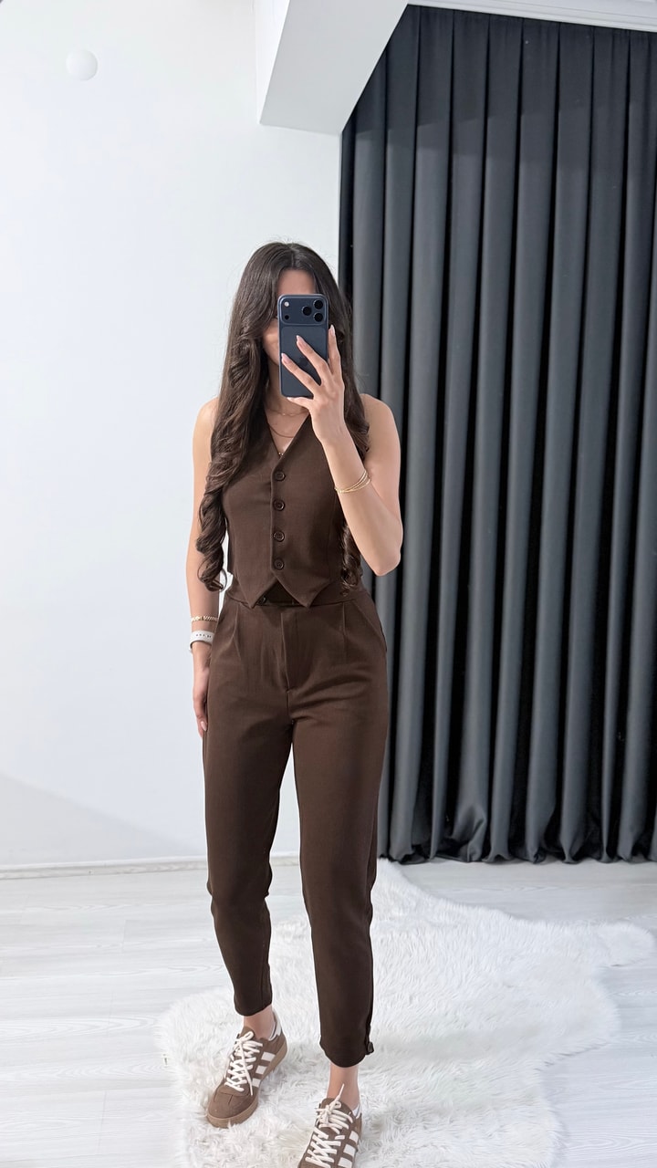 Bronde Likralı Pantalon Ve Yelek Kahve Takım