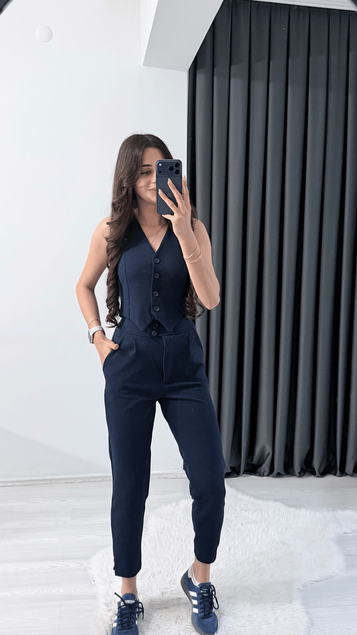 Bronde Likralı Pantalon Ve Yelek Lacivert Takım