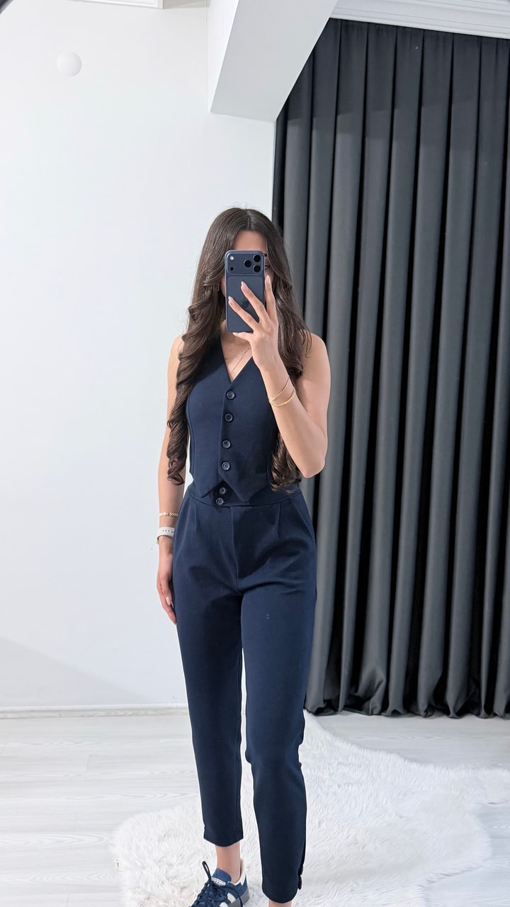 Bronde Likralı Pantalon Ve Yelek Lacivert Takım