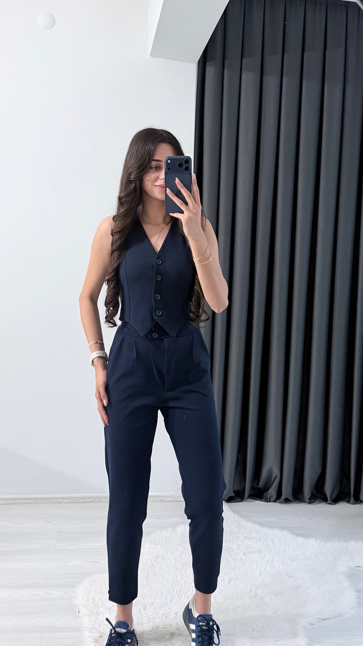 Bronde Likralı Pantalon Ve Yelek Lacivert Takım