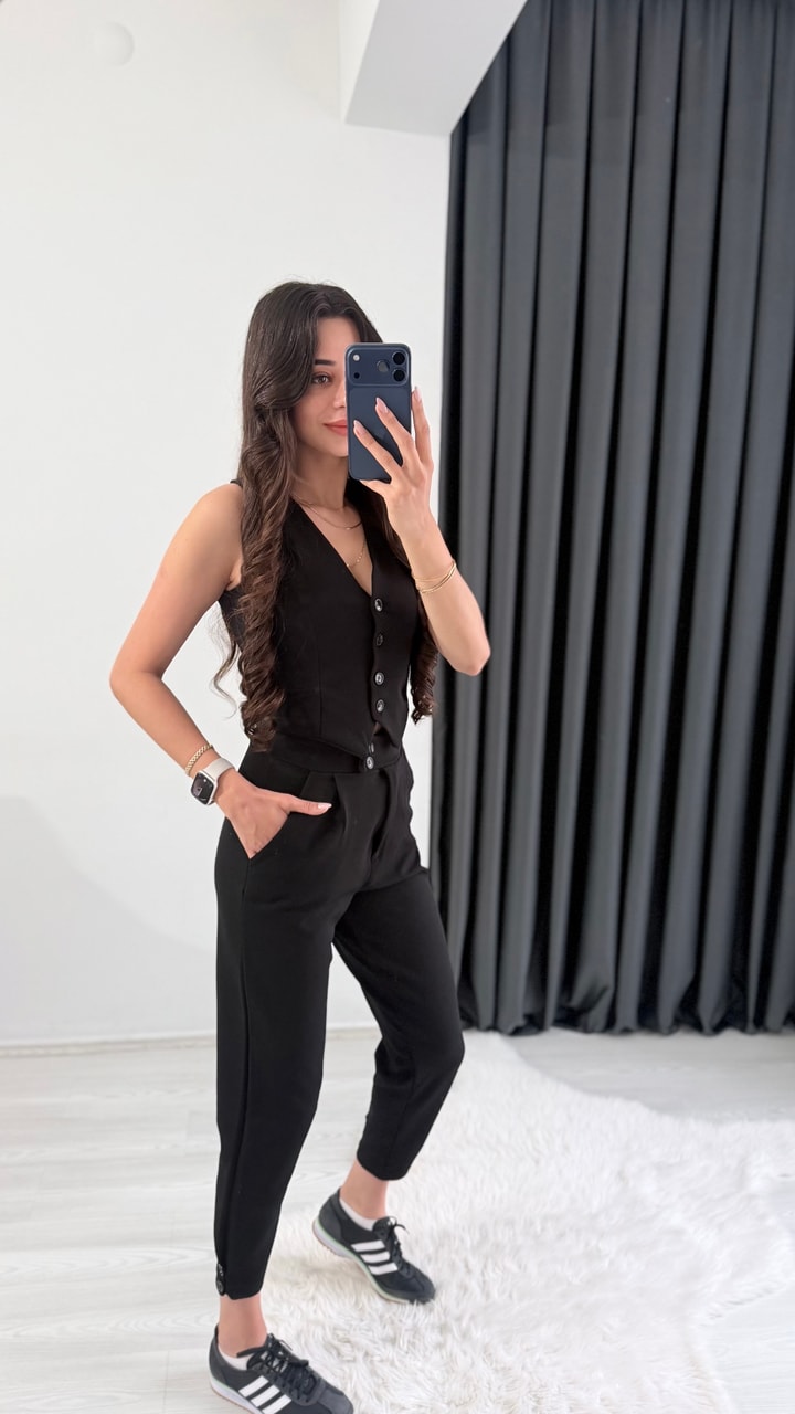 Bronde Likralı Pantalon Ve Yelek Siyah Takım