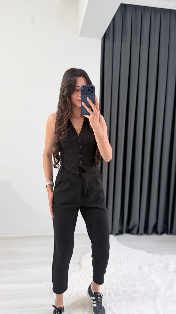 Bronde Likralı Pantalon Ve Yelek Siyah Takım