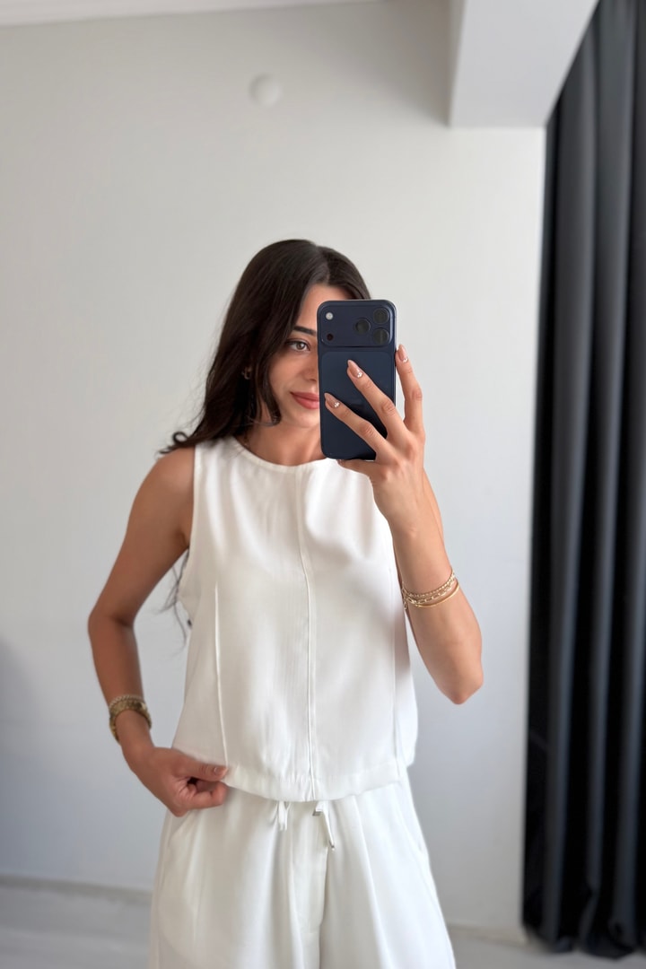 Rute Tensel Kumaş Denim Beyaz Pantalon Ve Bluz Takım 