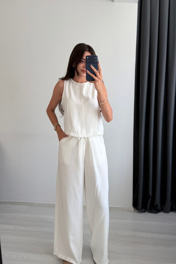Rute Tensel Kumaş Denim Beyaz Pantalon Ve Bluz Takım 