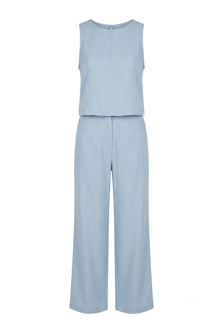 Rute Tensel Kumaş Denim Mavi Pantalon Ve Bluz Takım 