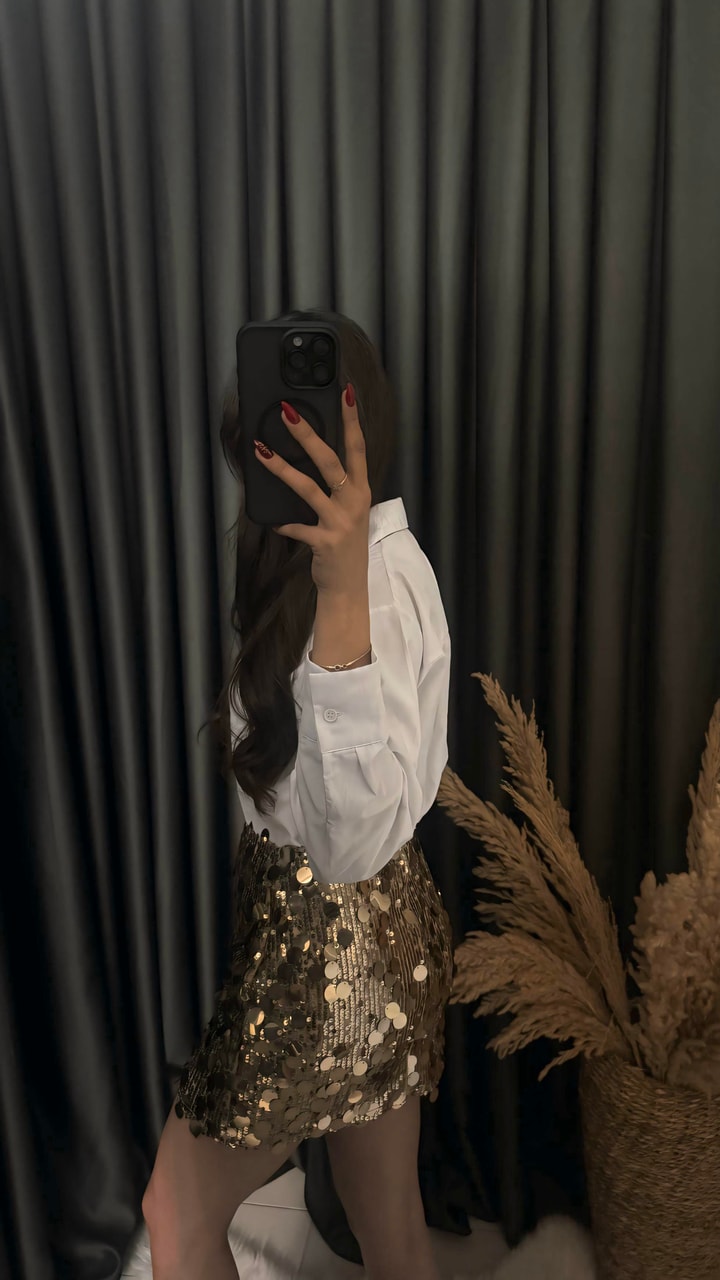 Christmas Marka Model Likralı Mini Payet Etek Gold