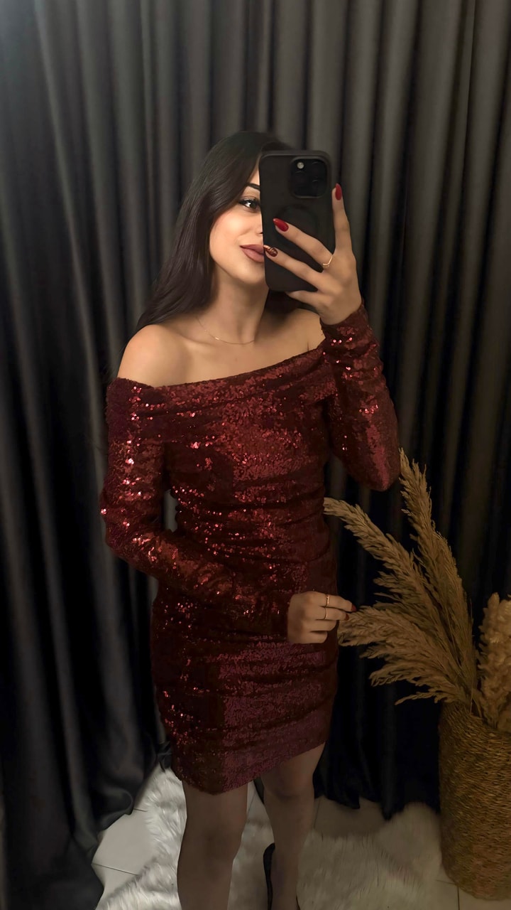 Christmas Marka Model Madonna Yaka Mini Payetli Elbise Bordo