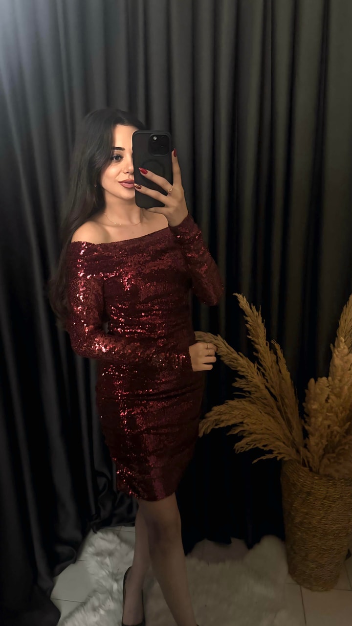 Christmas Marka Model Madonna Yaka Mini Payetli Elbise Bordo