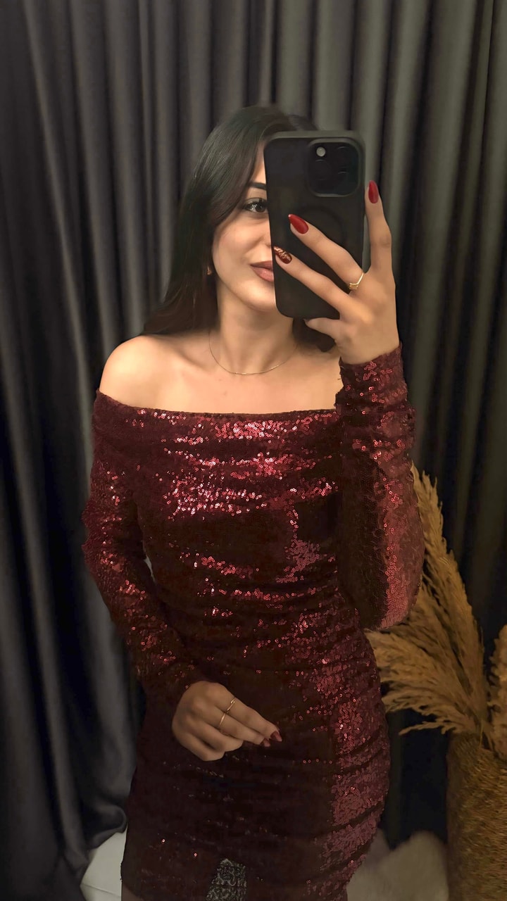 Christmas Marka Model Madonna Yaka Mini Payetli Elbise Bordo