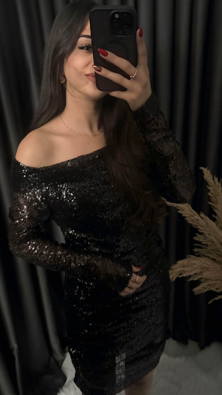 Christmas Marka Model Madonna Yaka Mini Payetli Elbise Siyah