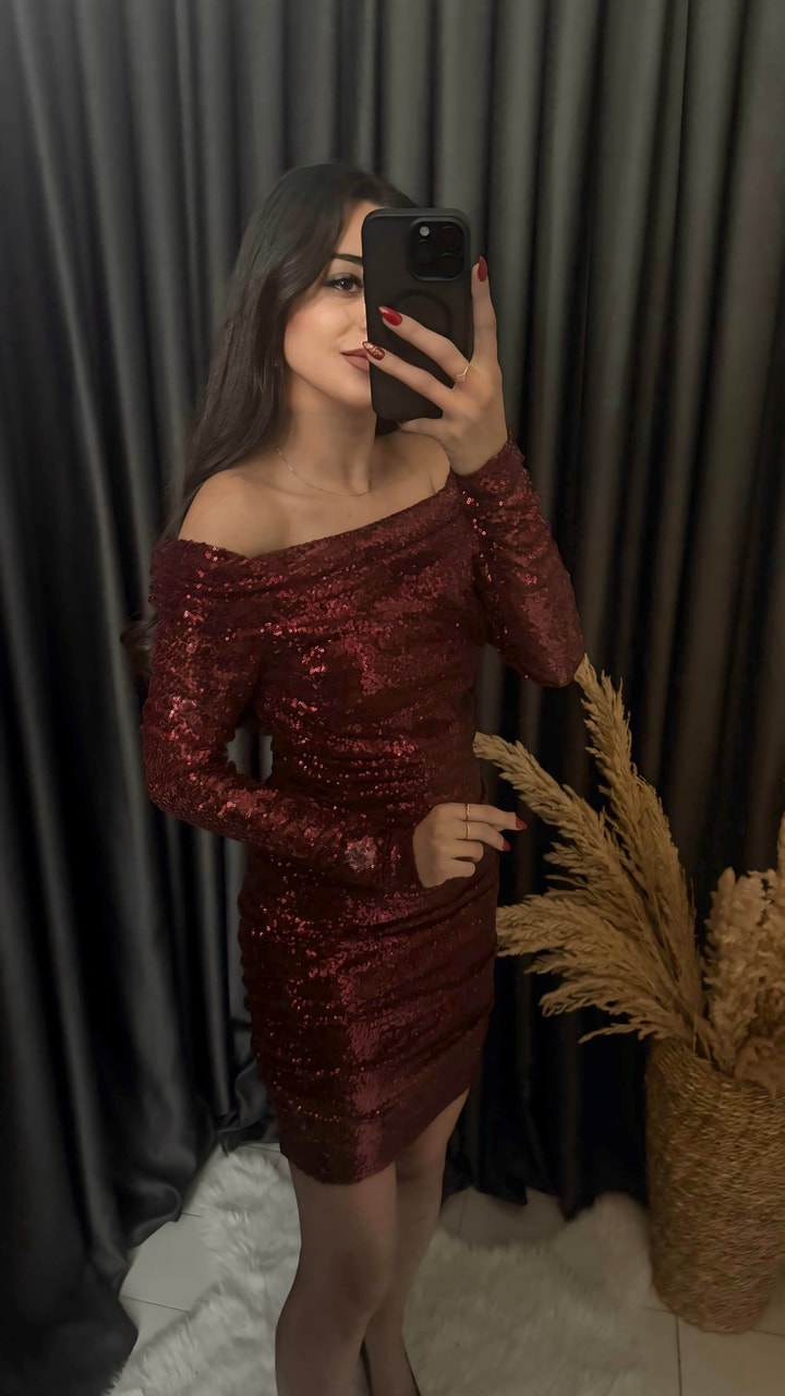 Christmas Marka Model Madonna Yaka Mini Payetli Elbise Bordo