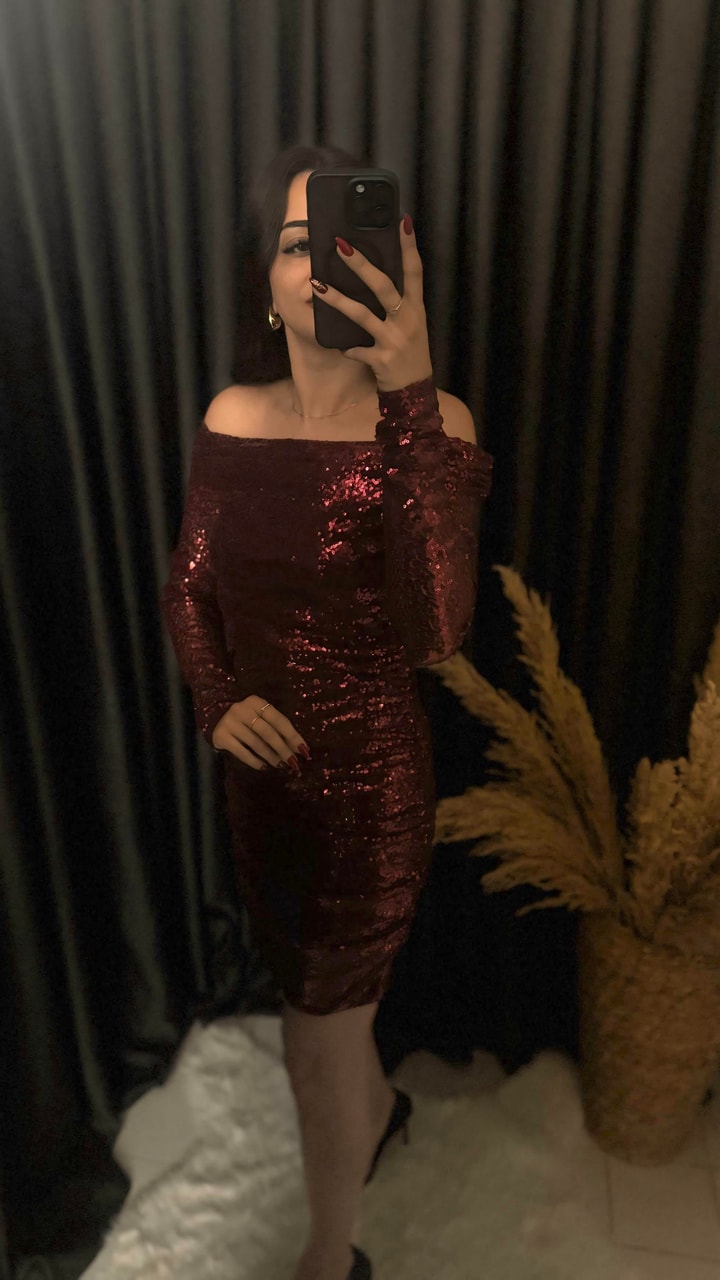 Christmas Marka Model Madonna Yaka Mini Payetli Elbise Bordo