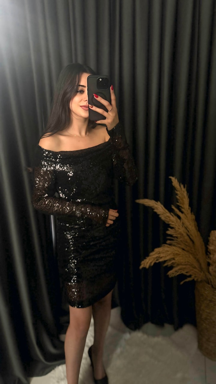 Christmas Marka Model Madonna Yaka Mini Payetli Elbise Siyah