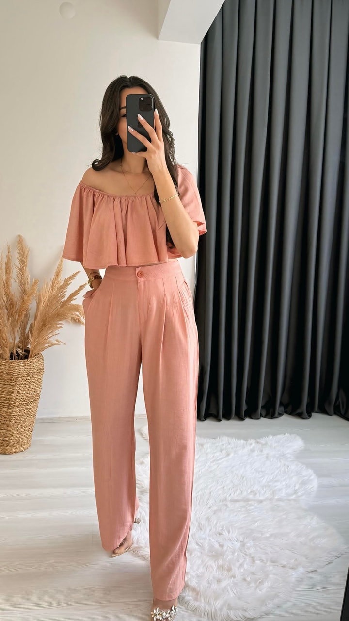 Daila Gül Kurusu Crop Bluz  Pantolon İkili Takım