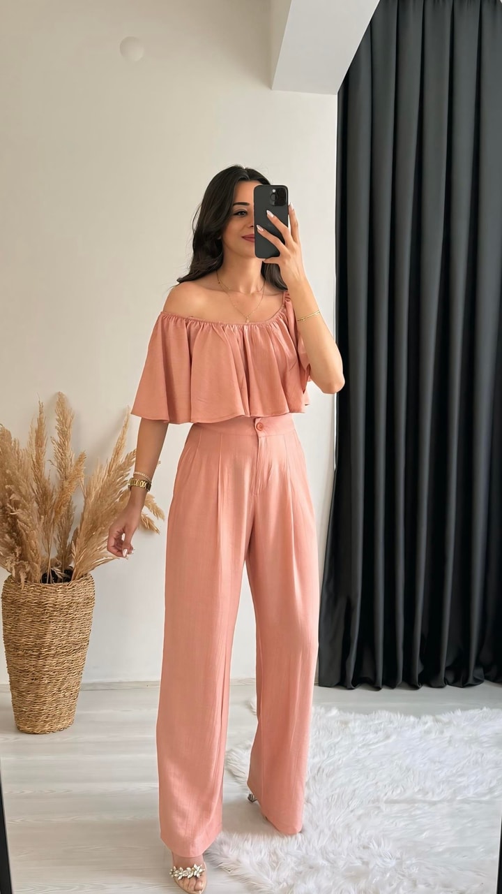 Daila Gül Kurusu Crop Bluz  Pantolon İkili Takım