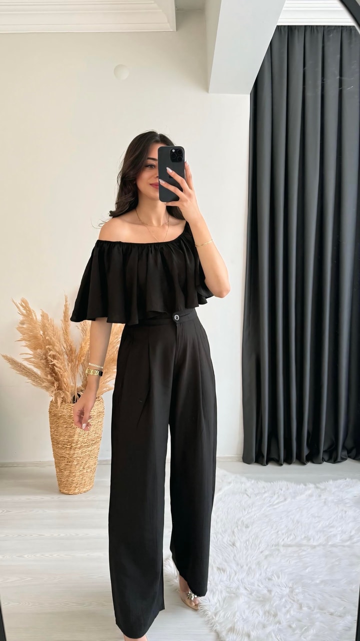 Daila Siyah Crop Bluz  Pantolon İkili Takım