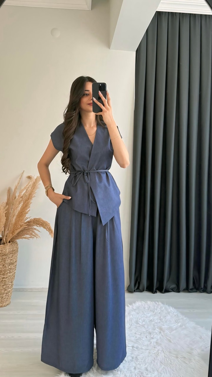 Eloya Denim Kumaş Bol Paça Pantolon Beli İpli Yelek Takım Mavi
