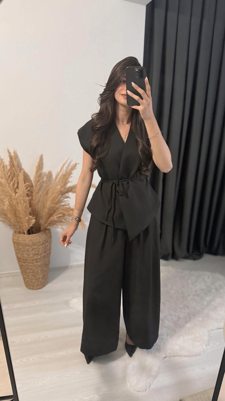 Eloya Klasik Kumaş Bol Paça Pantolon Beli İpli Yelek Takım Siyah