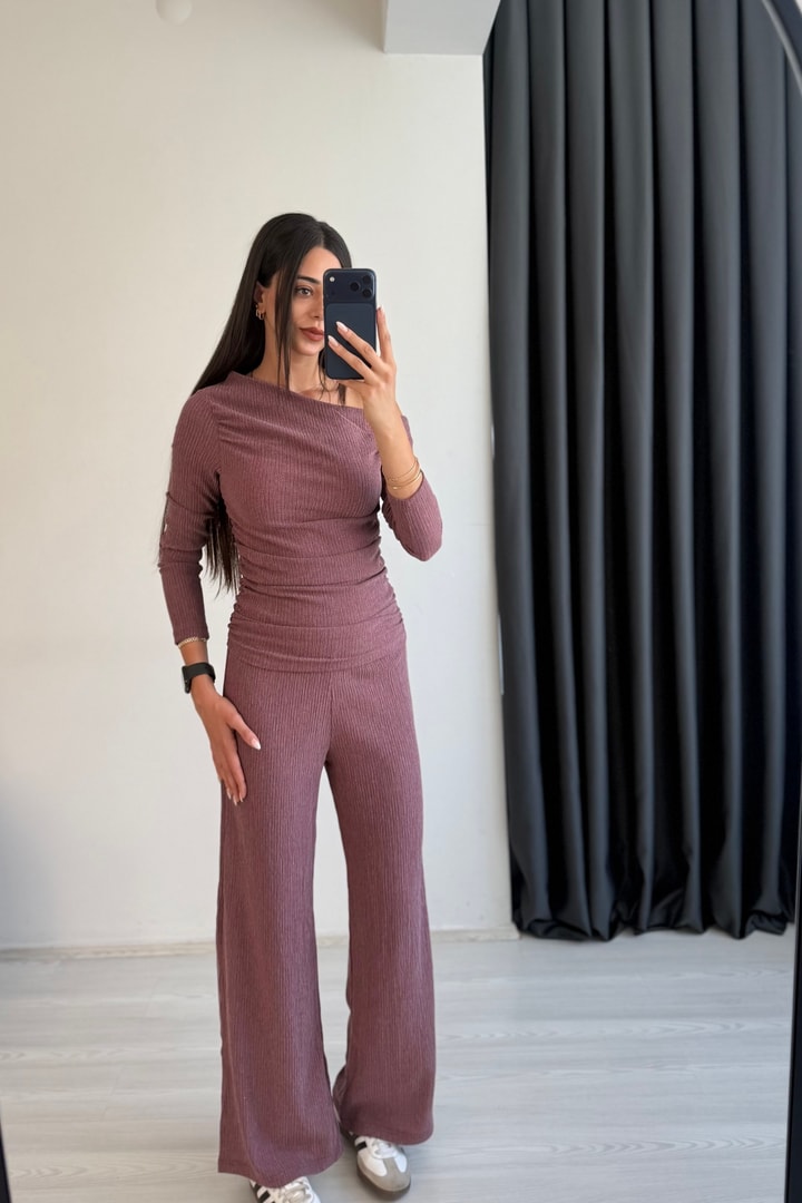 Falsy Kırınkıl Kumaş Büzgülü Bordo Takım