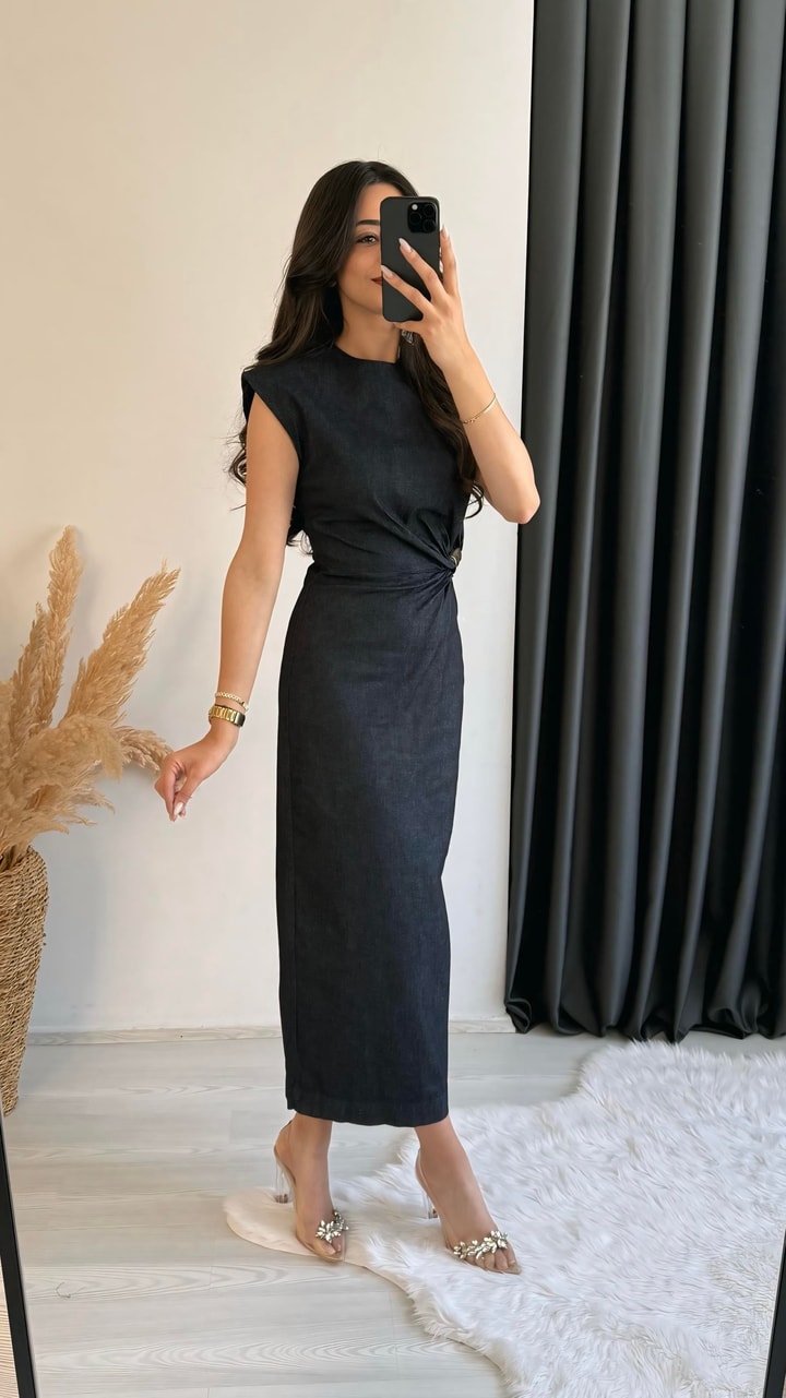 Ferida Midi Boy Gold Aksesuarlı Denim Elbise 