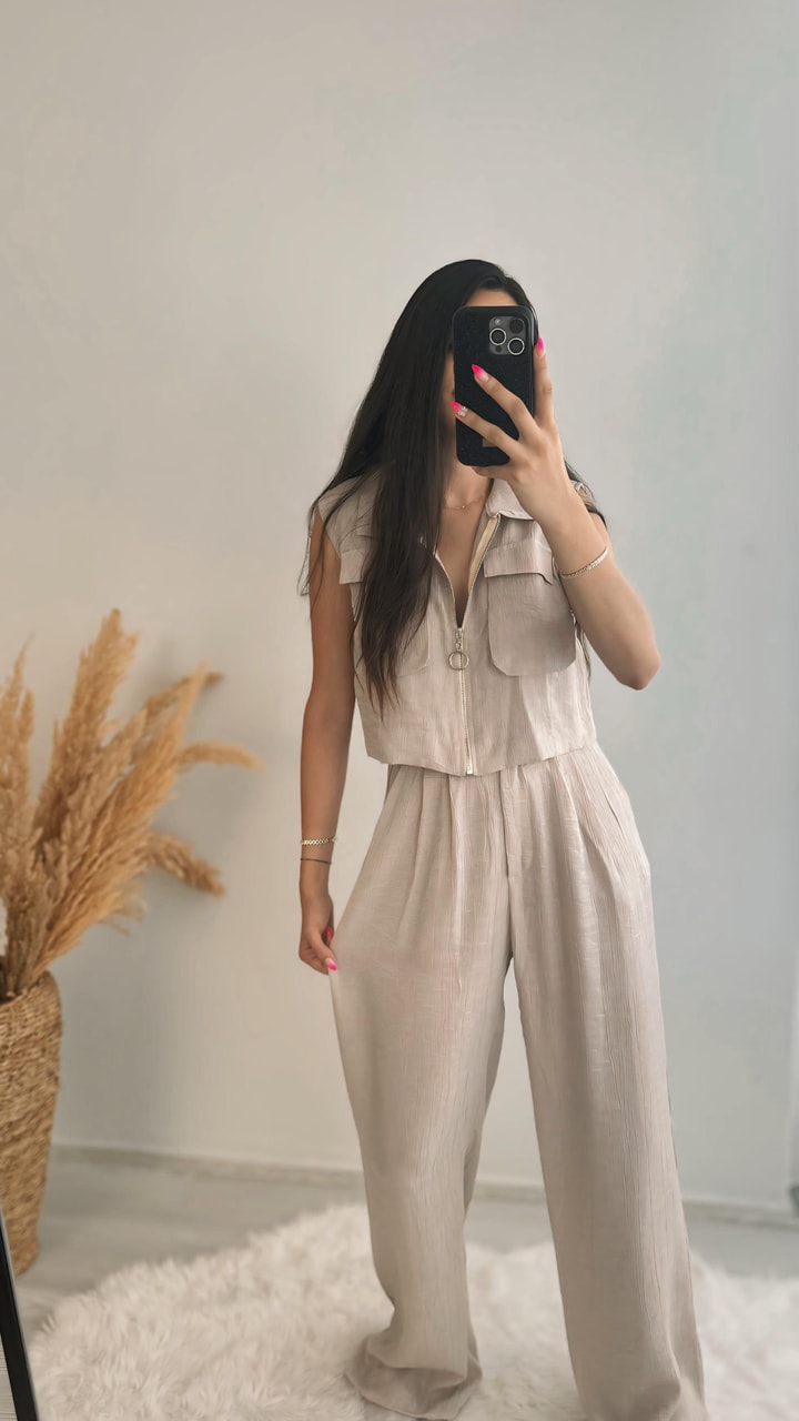 Fermuarlı Cepli Simli Kumaş Pantalon Yelek Takım Bej