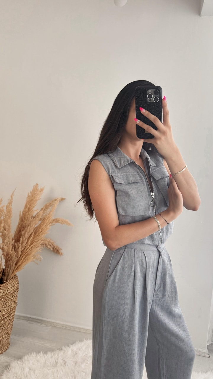Fermuarlı Cepli Simli Kumaş Pantalon Yelek Takım Gri