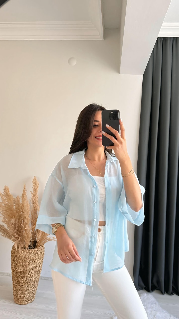 Fiona Lüx Kalite Basic Salaş Tensel Gömlek Mavi