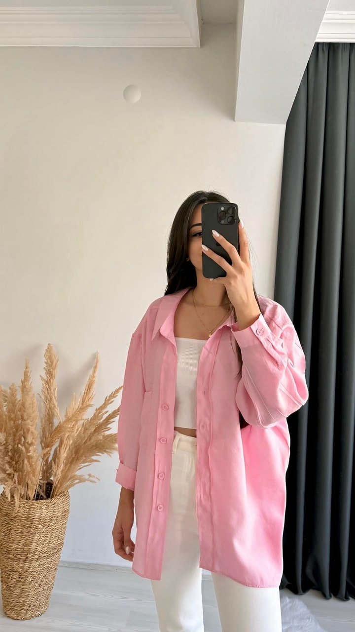Fiona Lüx Kalite Basic Salaş Tensel Gömlek Pembe