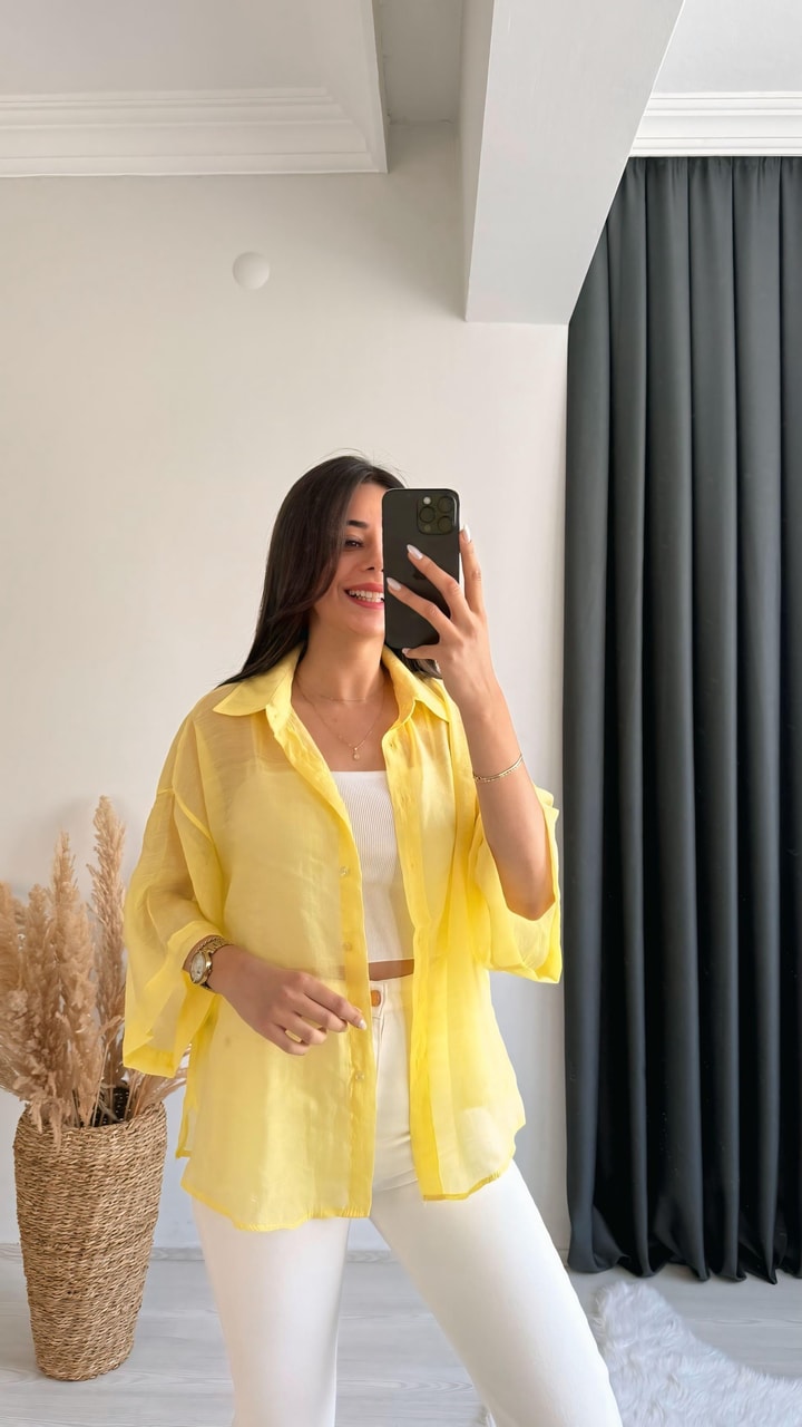 Fiona Lüx Kalite Basic Salaş Tensel Gömlek Sarı