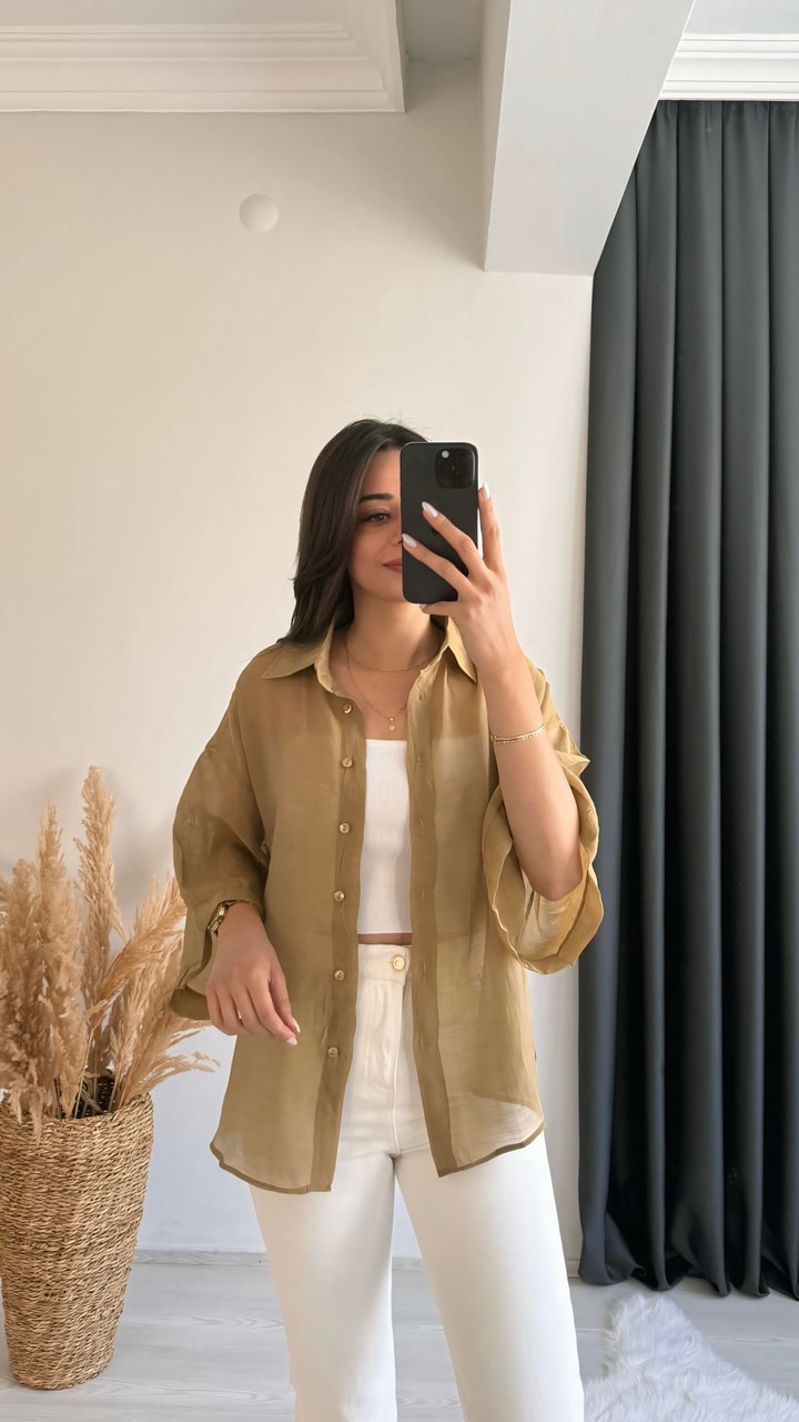 Fiona Lüx Kalite Basic Salaş Tensel Gömlek Olive