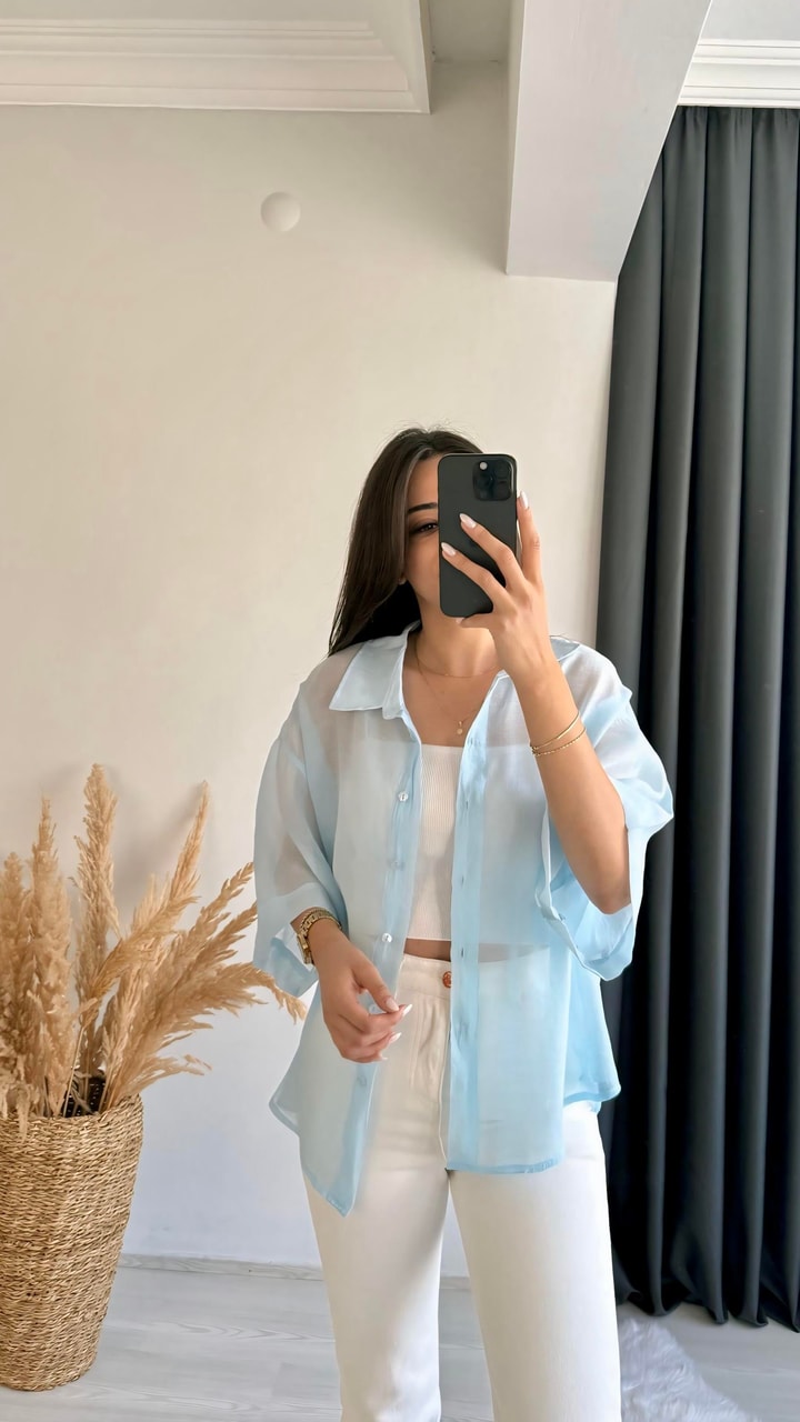 Fiona Lüx Kalite Basic Salaş Tensel Gömlek Mavi