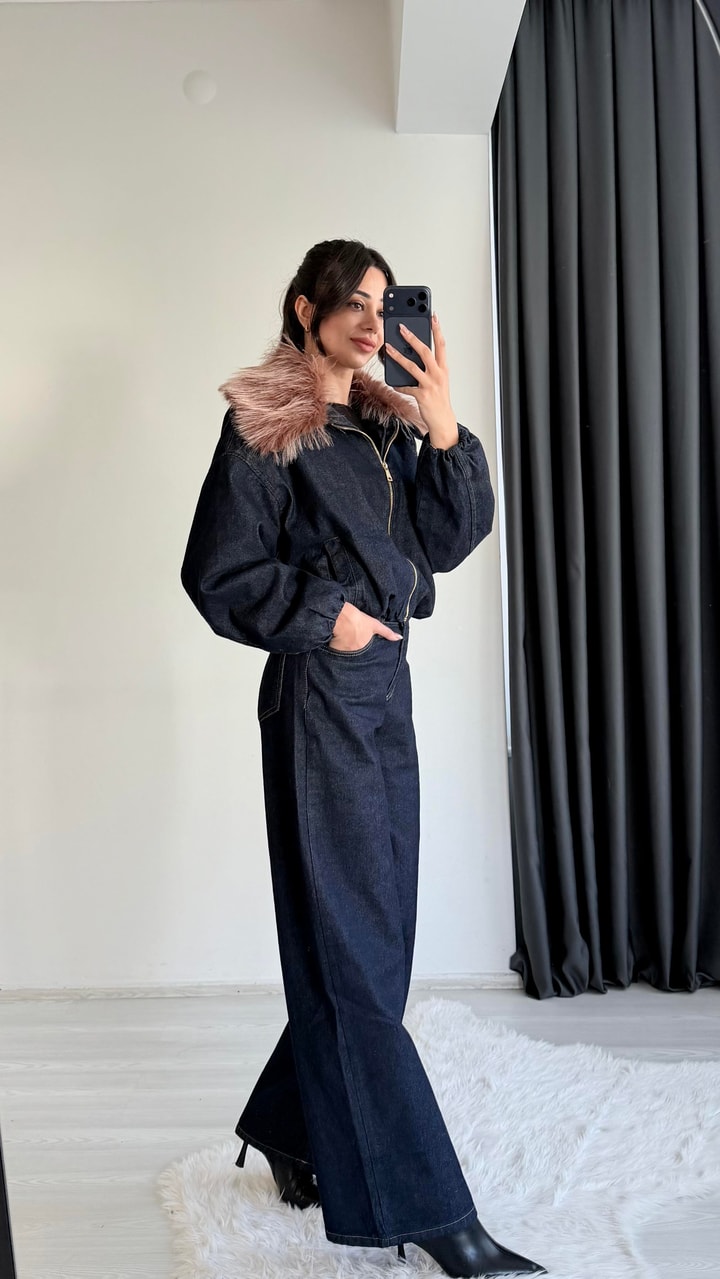 Flaw Yakası Kürklü Denim Ceket Pantolon Takım