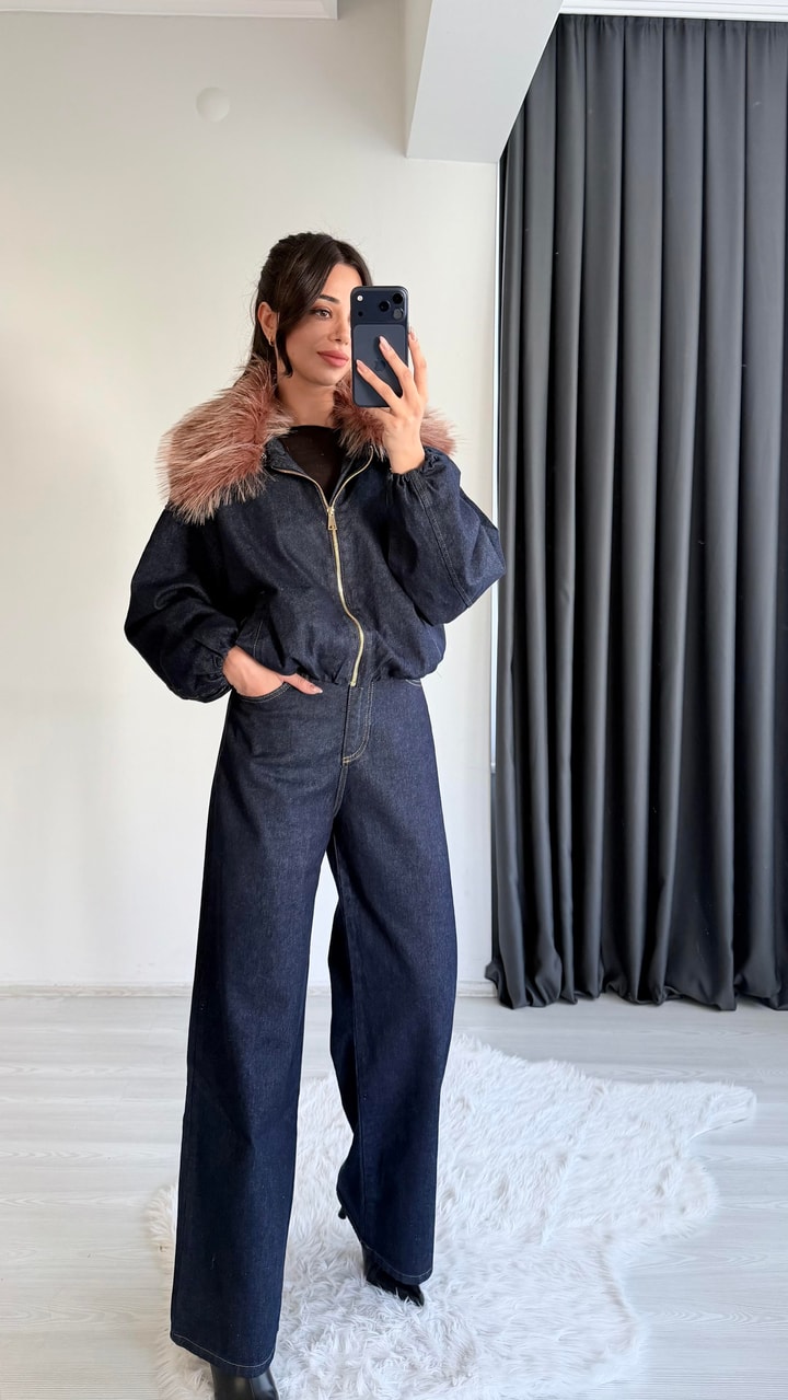 Flaw Yakası Kürklü Denim Ceket Pantolon Takım