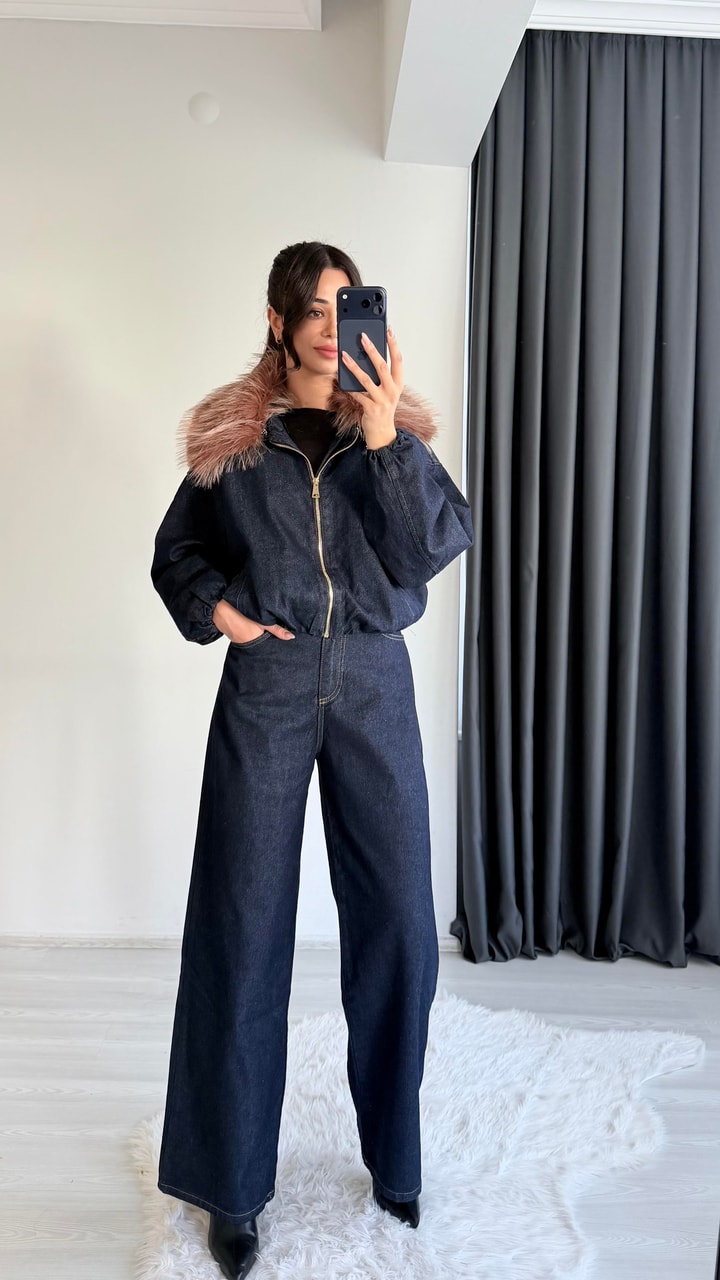 Flaw Yakası Kürklü Denim Ceket Pantolon Takım