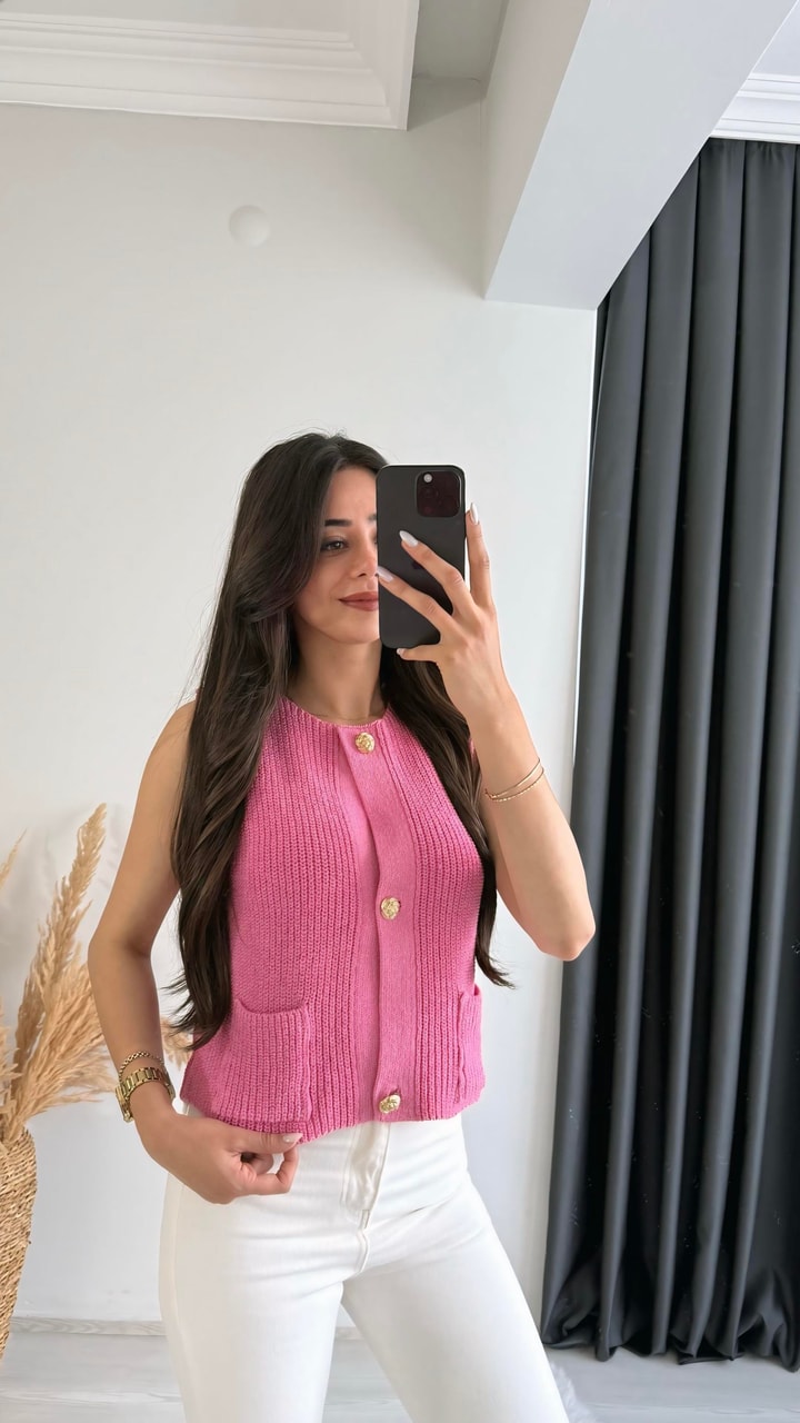 Freja Gold Düğmeli Triko Hırka Pembe