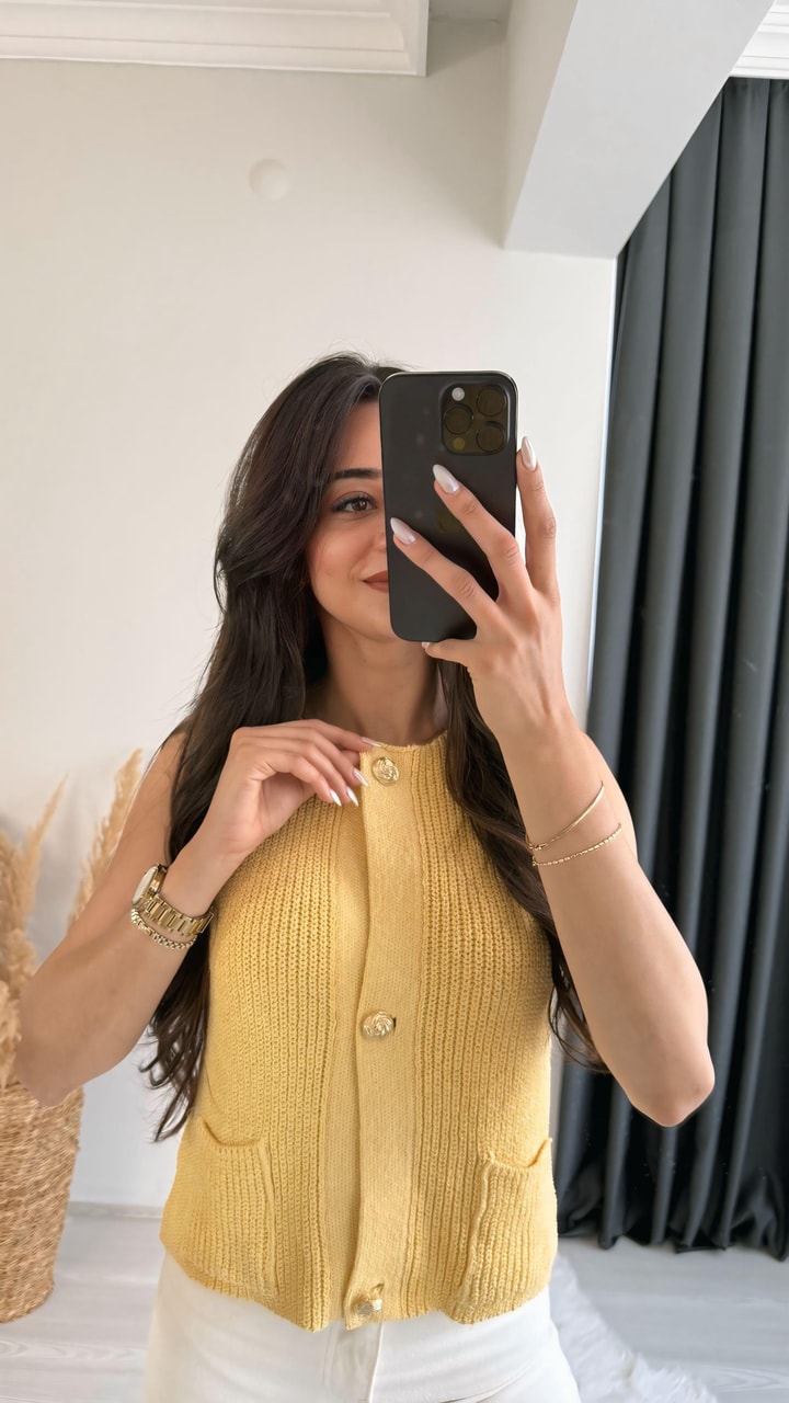 Freja Gold Düğmeli Triko Hırka Sarı