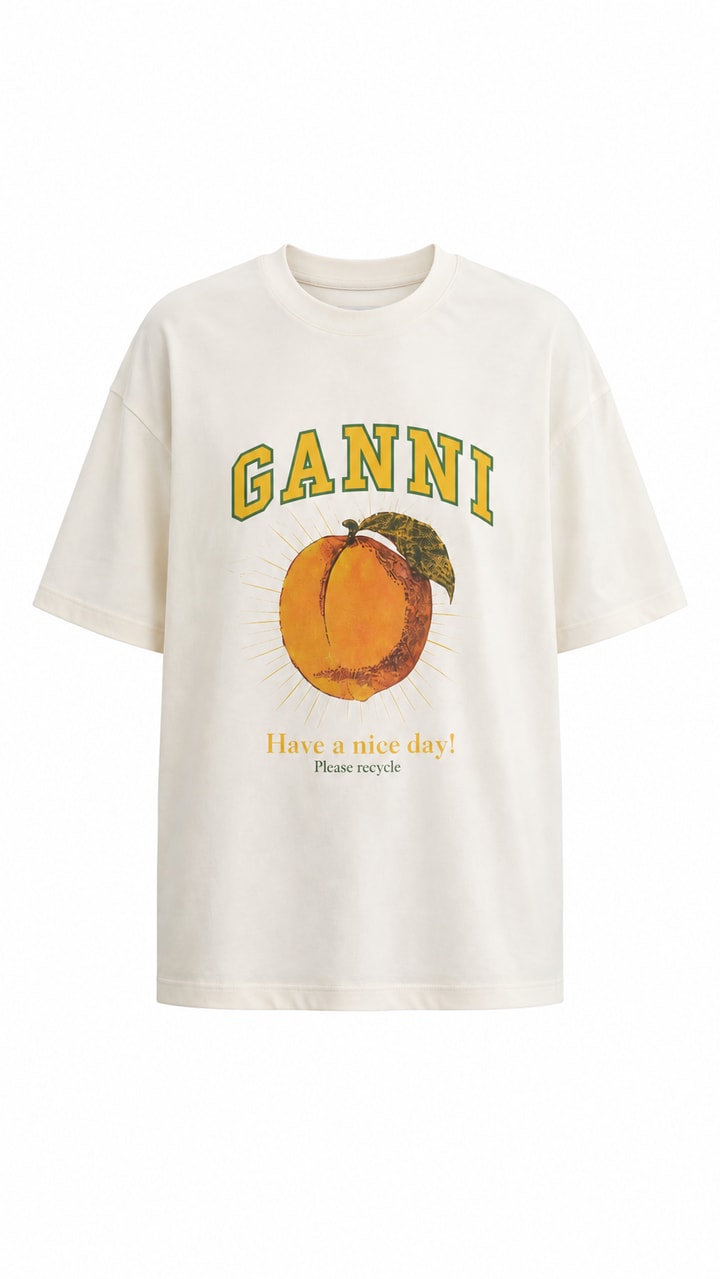 Ganni Yazılı Baskılı Pamuklu  Basic Tshirt Ekru Sarı