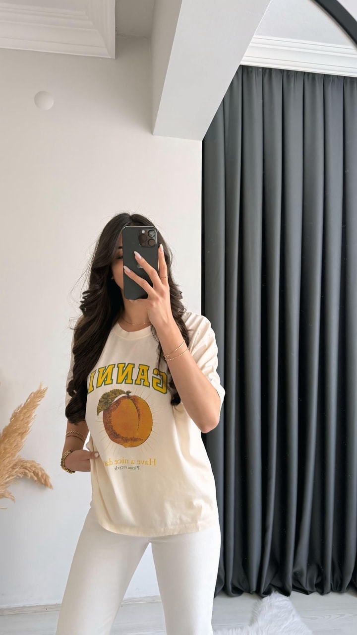 Ganni Yazılı Baskılı Pamuklu  Basic Tshirt Ekru Sarı