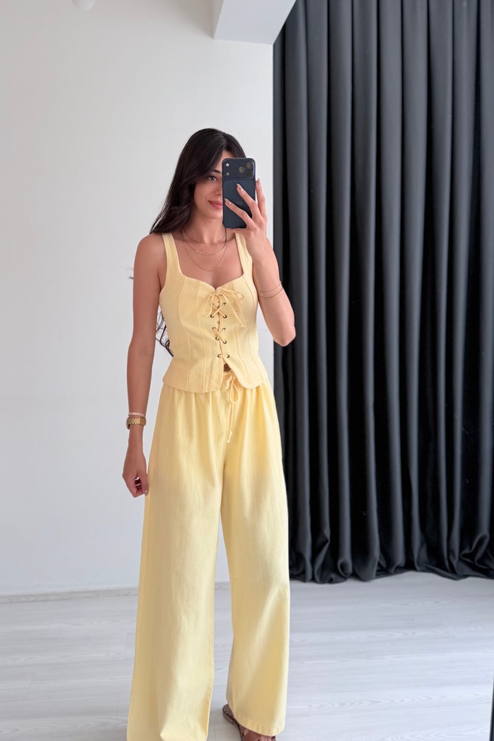 Gloria Bel İpli Keten Pantolon Sarı