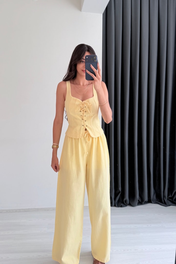 Gloria Bel İpli Keten Pantolon Sarı