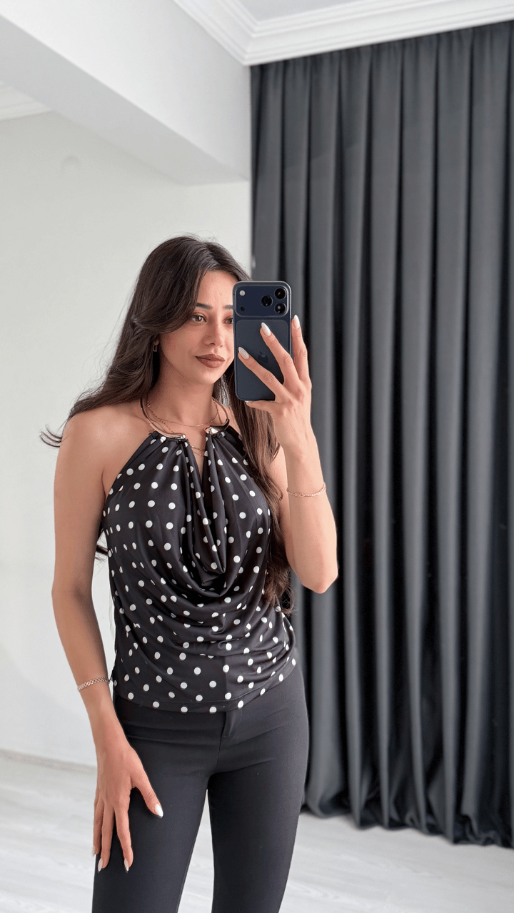 Guest Gold Aksesuarlı Puantiye Desen Bluz Siyah 