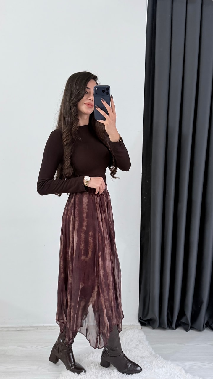 Harle Kahve Etnik Desenli Maxi Asimetrik Etek 