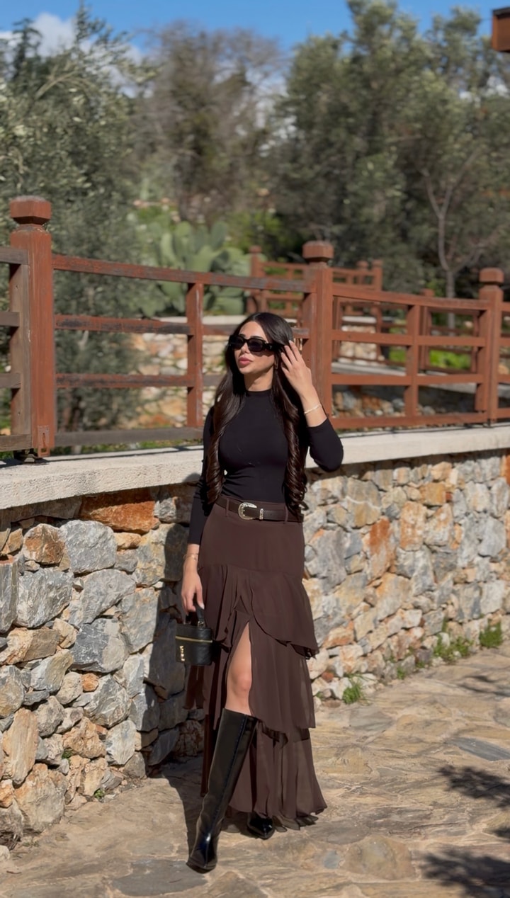Harle Kahve  Fırfırlı Kat Kat Kemerli ETek